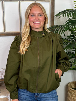 Olive Puff Sleeve Utility Jacket