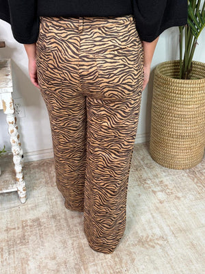 Brown & Khaki Suede Feel Zebra Print Pants