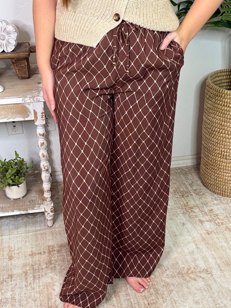 Brown Wide Leg Pants with Cream Diamond Shape