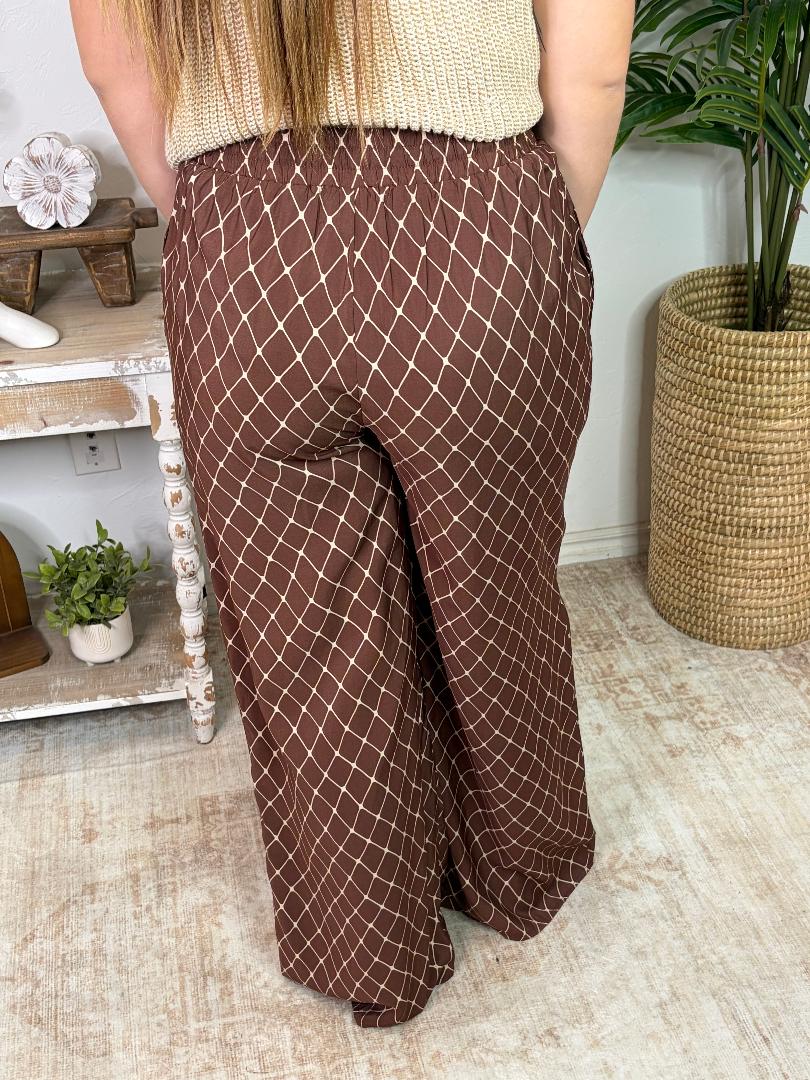 Brown Wide Leg Pants with Cream Diamond Shape
