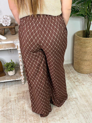 Brown Wide Leg Pants with Cream Diamond Shape