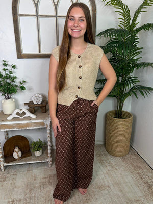 Brown Wide Leg Pants with Cream Diamond Shape