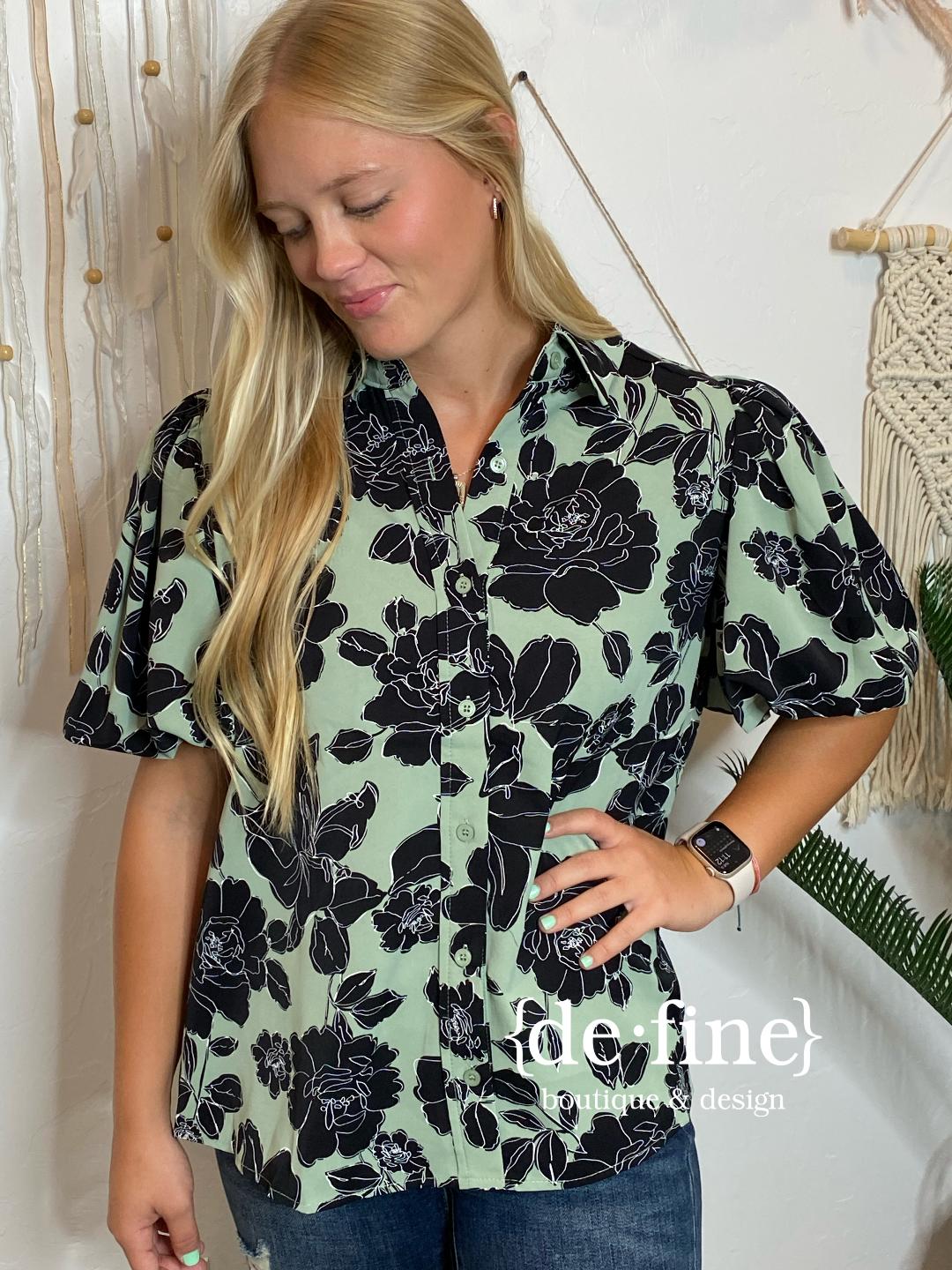 Sage and Black Floral Button Up Blouse in  Regular & Curvy