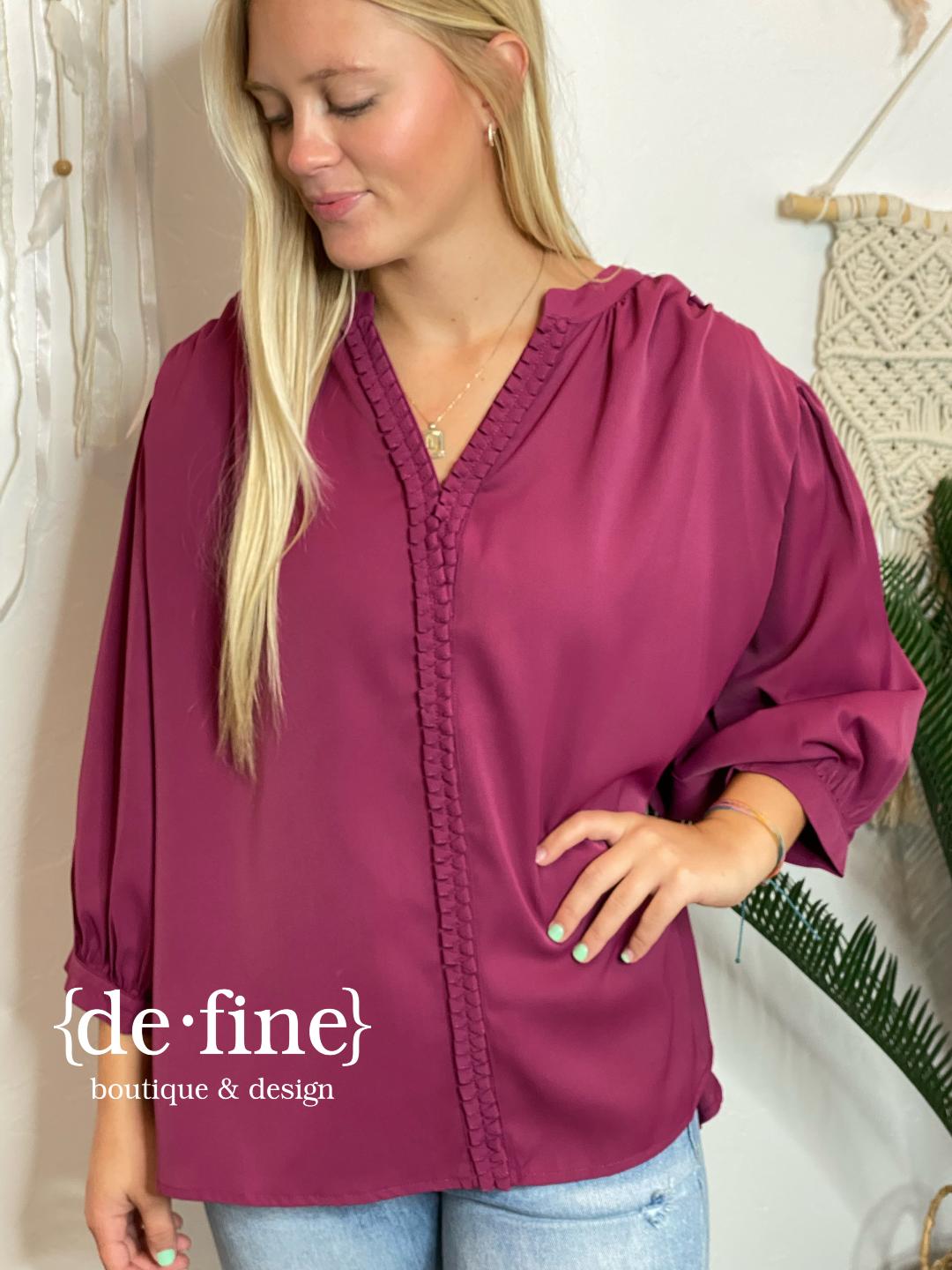 Plum Ruffle V-Neck Blouse with Braided Hem