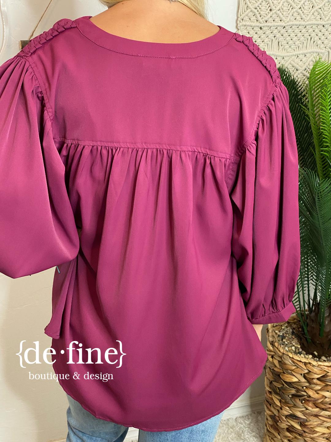 Plum Ruffle V-Neck Blouse with Braided Hem