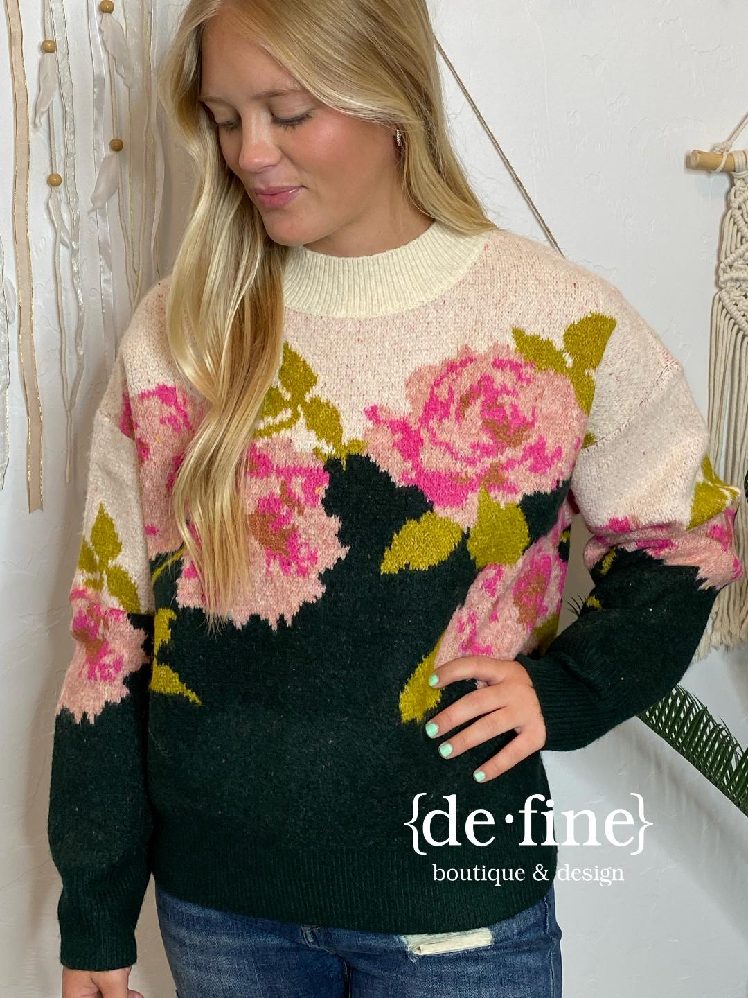 Hunter Green and Cream Sweater with Large Pink Roses