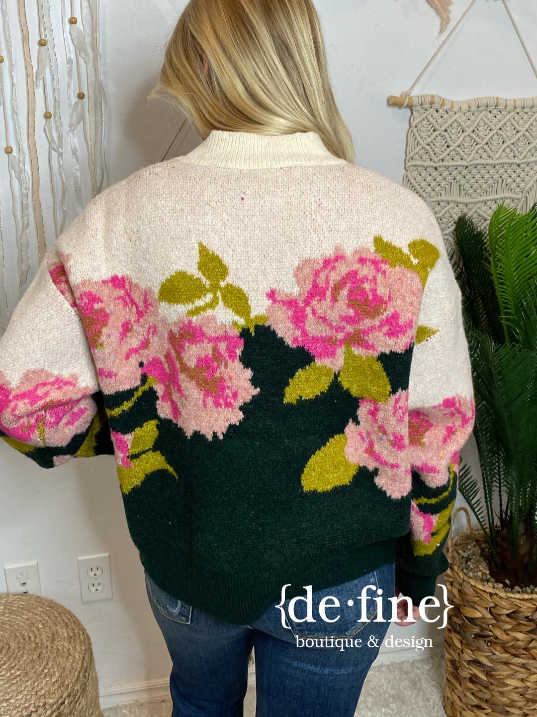 Hunter Green and Cream Sweater with Large Pink Roses
