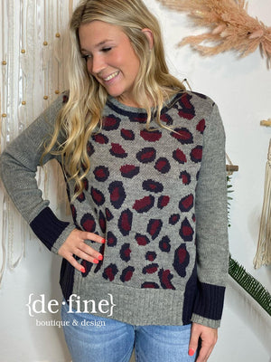 Gray, Navy and Maroon Leopard Sweater