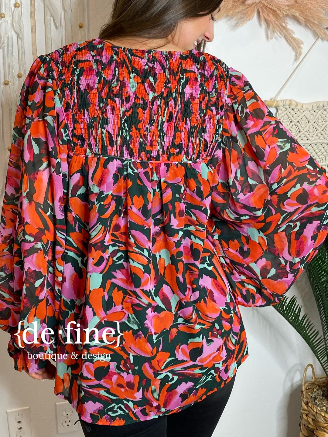 Hunter Green, Red and Purple Floral Top in Regular and Curvy Sizes