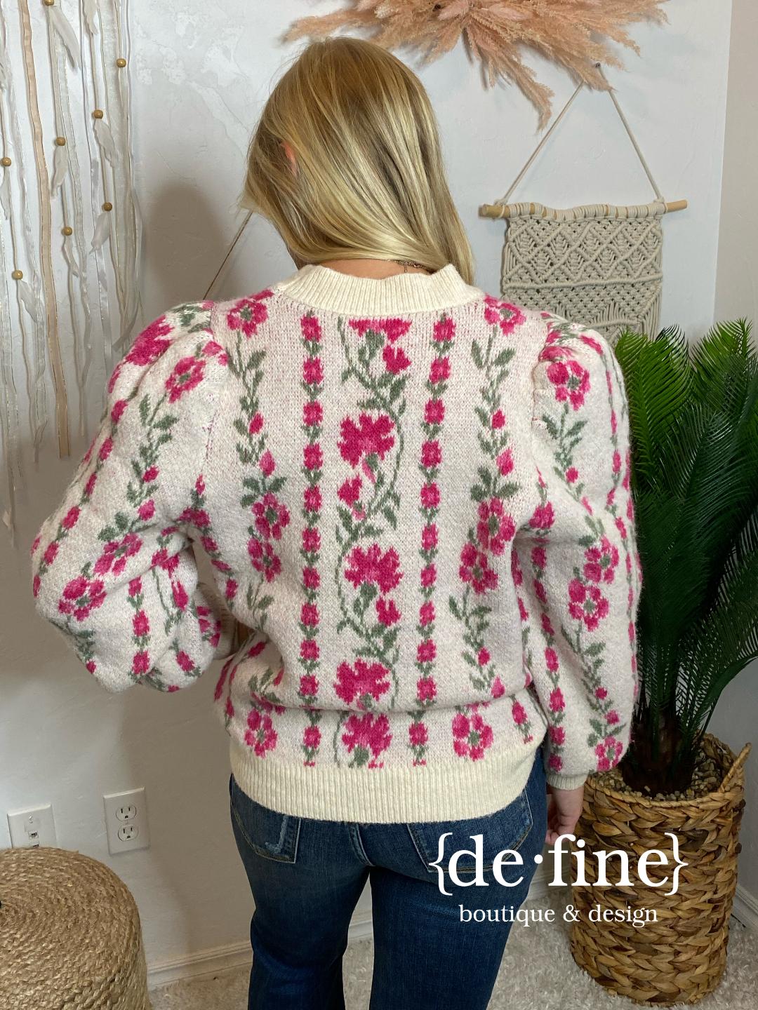 Cream Sweater with Pink Flower Vines