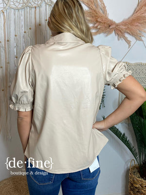 Ecru Vegan Leather Button Up Top with Puff Sleeves