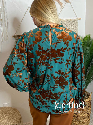 Teal and Brown Velvet Blouse
