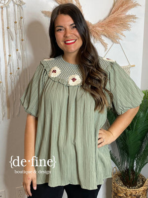 Olive or Mocha Blouse with Floral Embroidery in Curvy