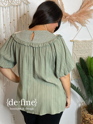 Olive or Mocha Blouse with Floral Embroidery in Curvy