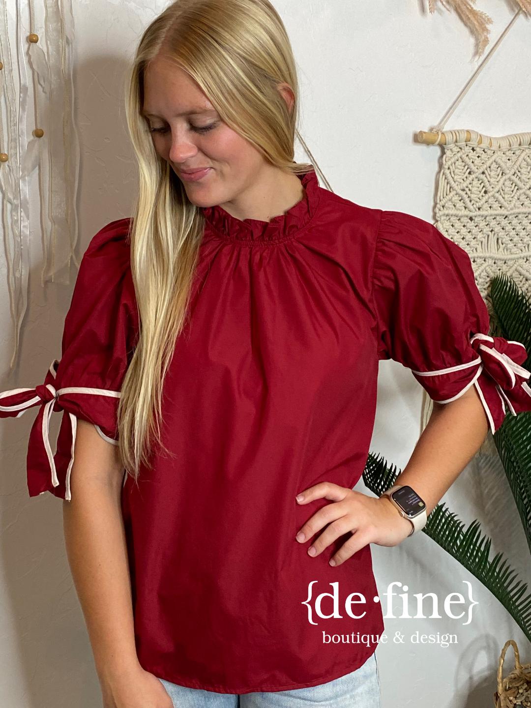 Crimson Top with Cream Detail Bows on Sleeves