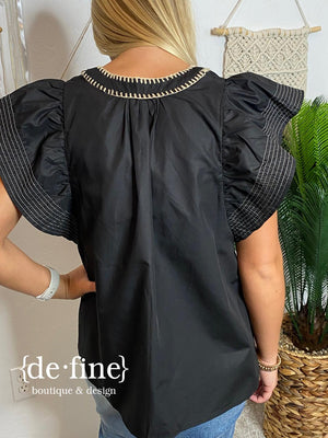 Caramel or Black Baby Doll Top with Thread Accents