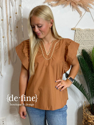 Caramel or Black Baby Doll Top with Thread Accents