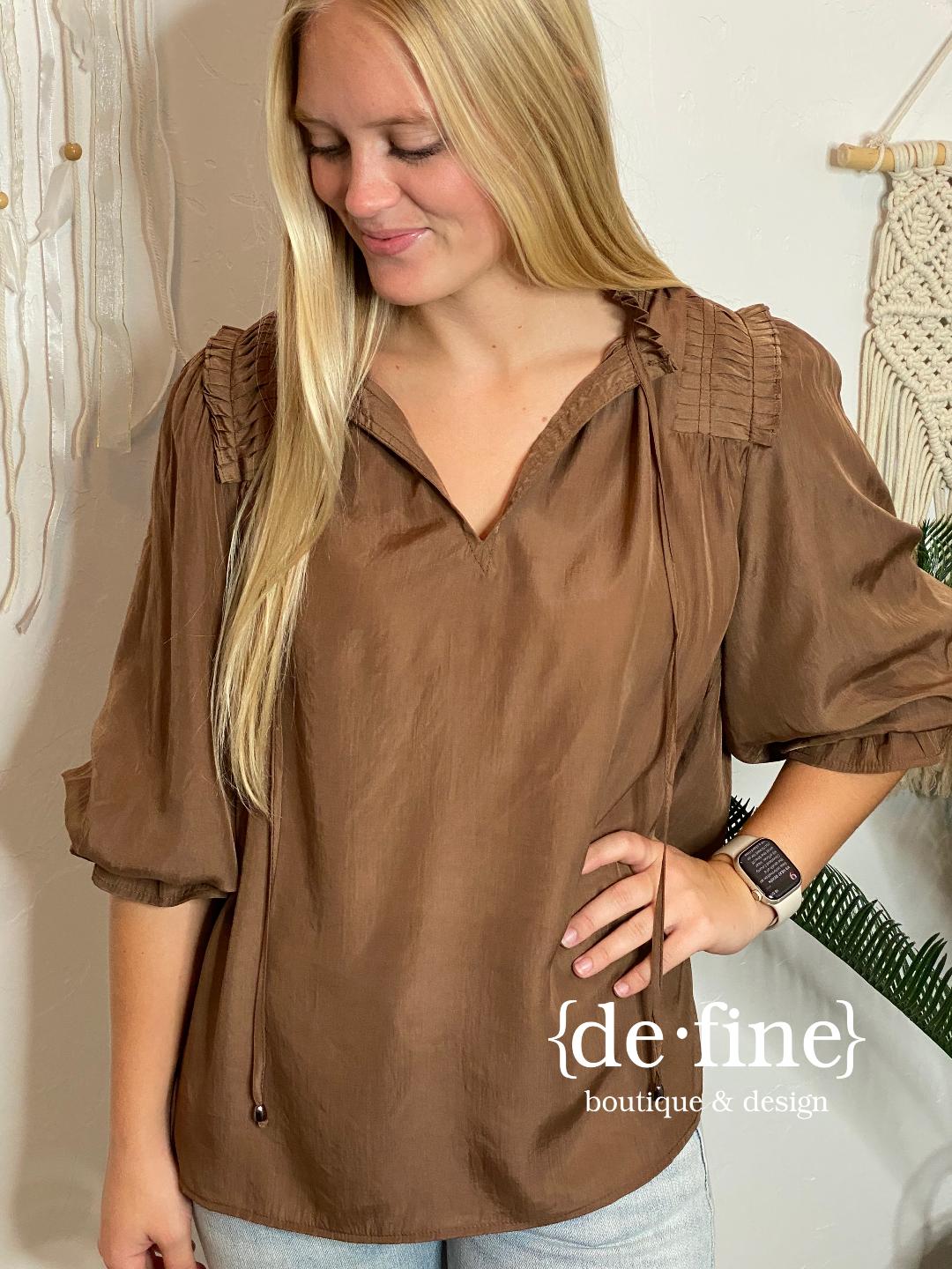 Mocha Top with Ruffle Details and Tie Neck