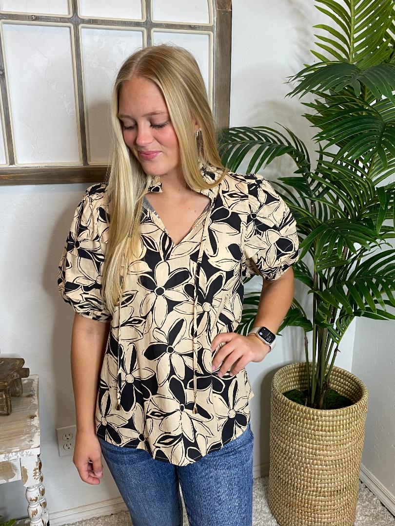 Taupe and Black Floral V-Neck Top with Tie Neck
