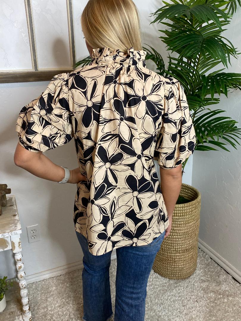 Taupe and Black Floral V-Neck Top with Tie Neck