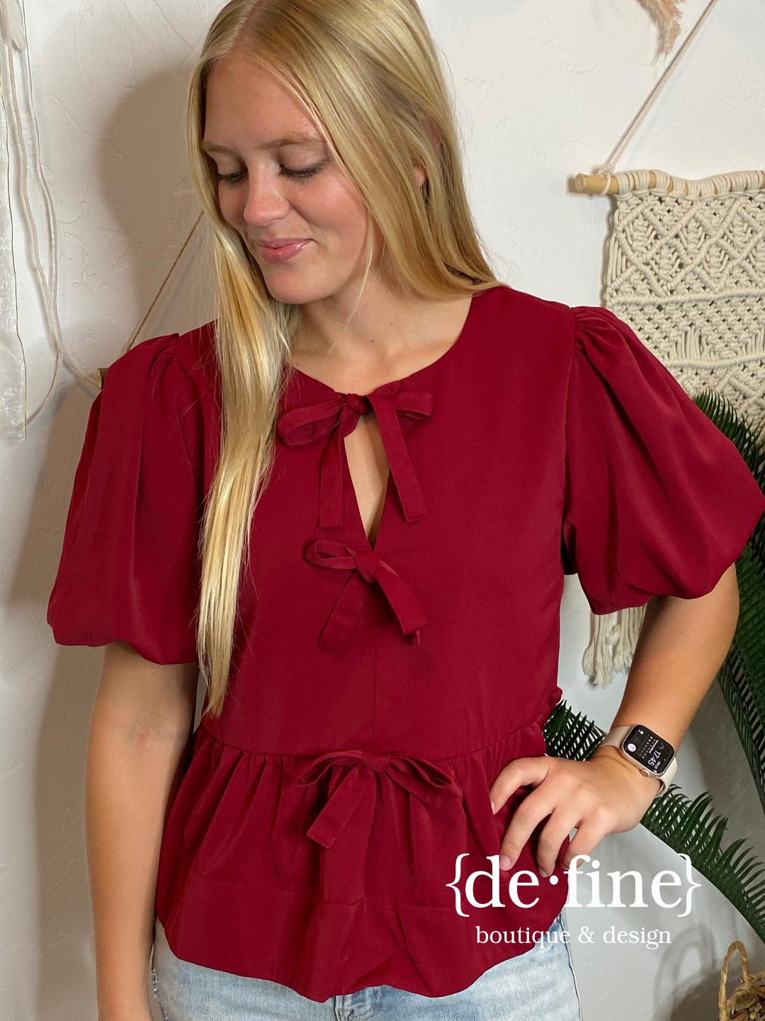 Dark Red Peplum Top with Bow Front Detail