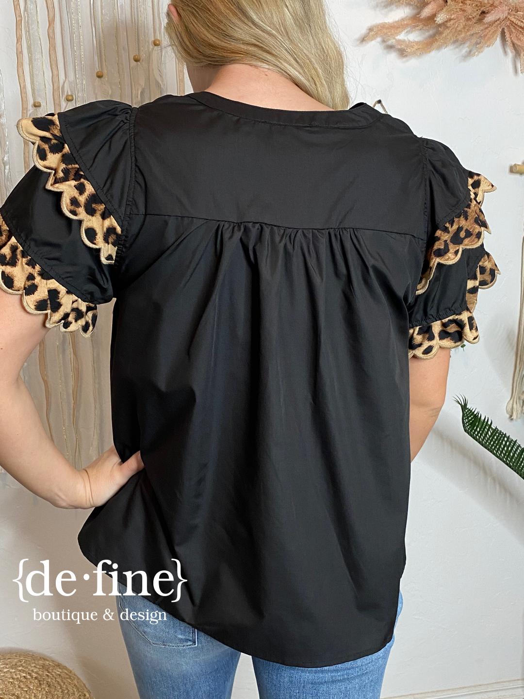 Black Top with Leopard Scallops in Regular & Curvy