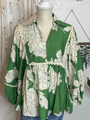 Green Floral Top with Scallop Detail In Regular & Curvy