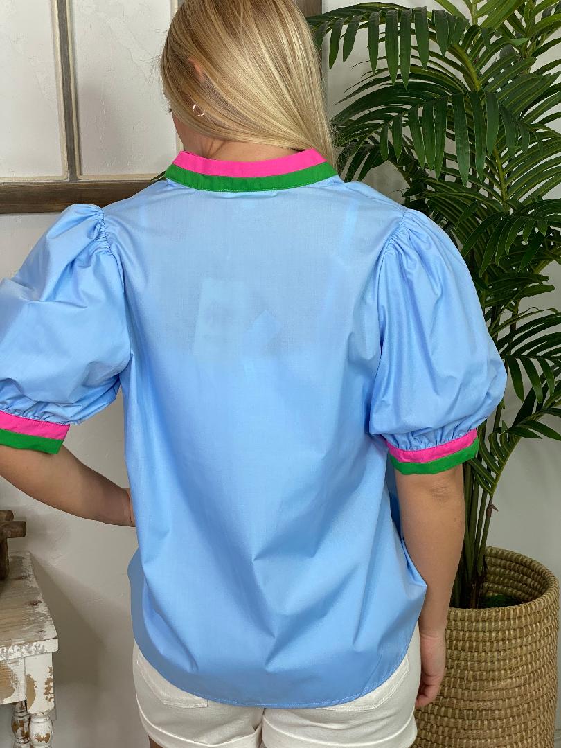 Blue Top with Pink & Green Trim Regular & Curvy