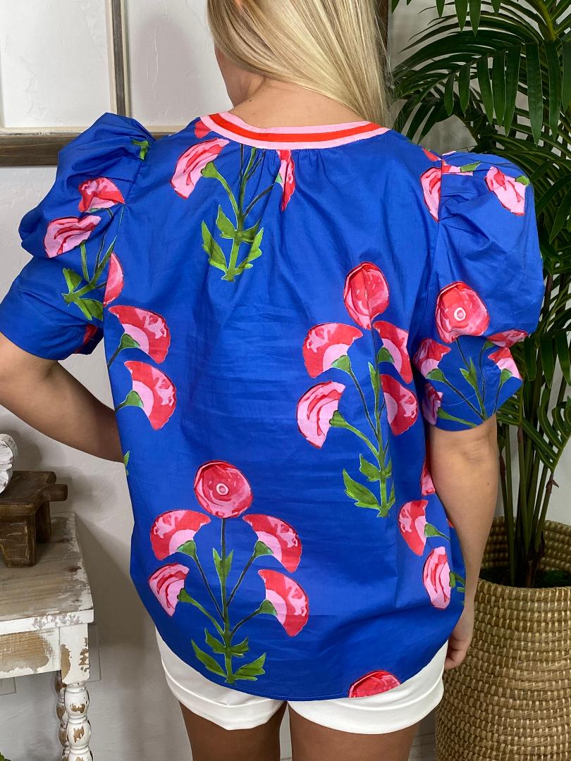 Blue Floral Blouse with Pink Contrast