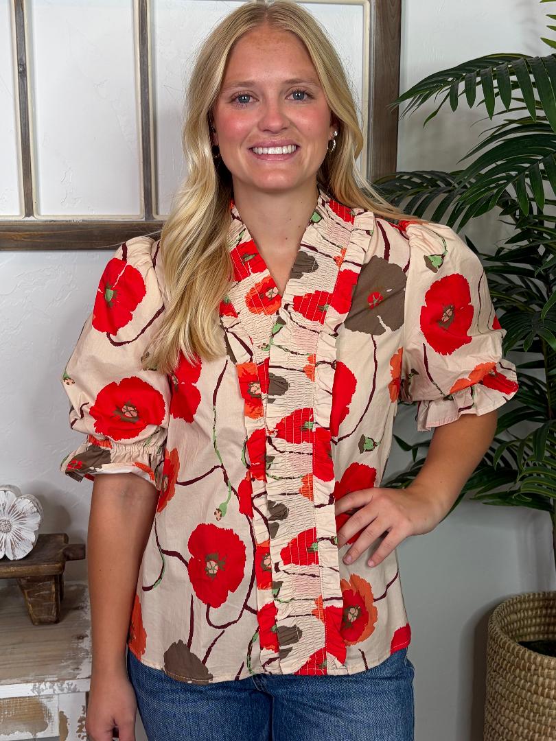 Ivory Ruffle Top with Orange and Gray Poppies