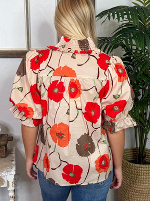 Ivory Ruffle Top with Orange and Gray Poppies