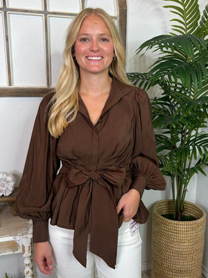 Dark Brown Button Up Blouse with Tie at Waist