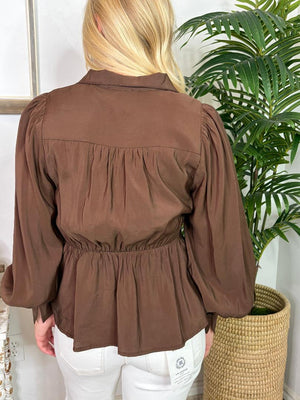 Dark Brown Button Up Blouse with Tie at Waist