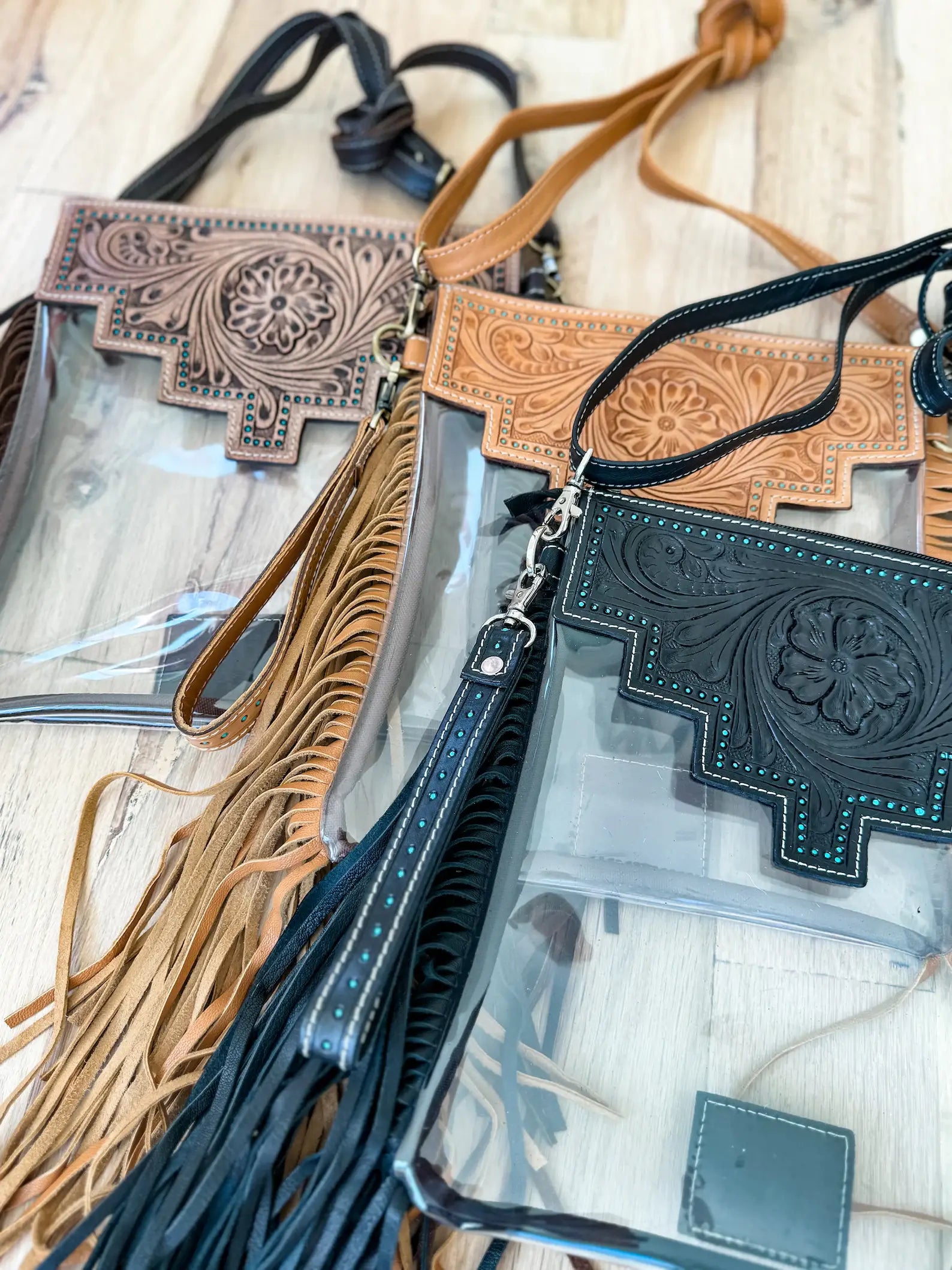 Shayne Hand Tooled Clear Crossbody Concert Bag with Fringe