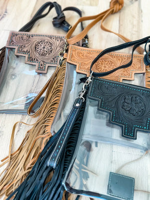 Shayne Hand Tooled Clear Crossbody Concert Bag with Fringe