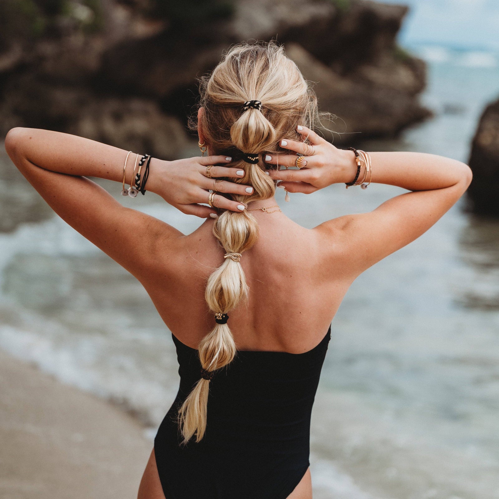 "Connect" Black & Cream with Gold Accent Hair Tie + Bracelets