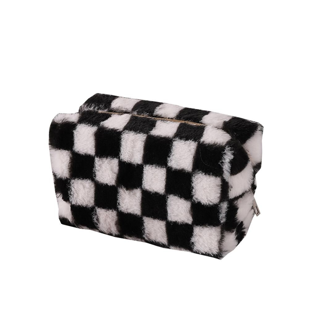 Faux Fur Checker Makeup Pouch