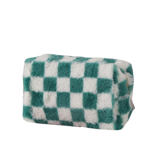 Faux Fur Checker Makeup Pouch