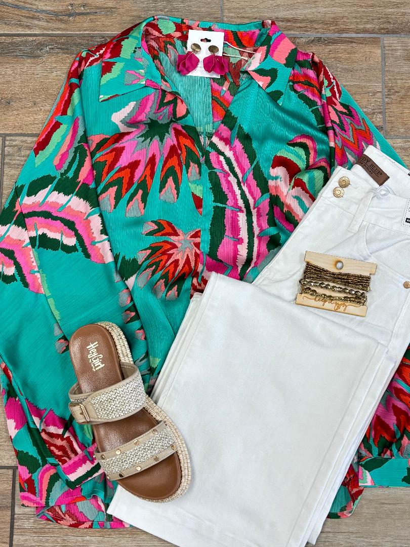 Seafoam Floral V-Neck Blouse S-XL