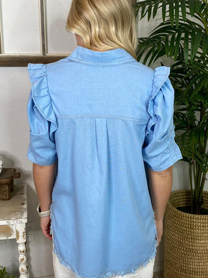 Red or Light Denim Button Up with Ruffles and Raw Hem