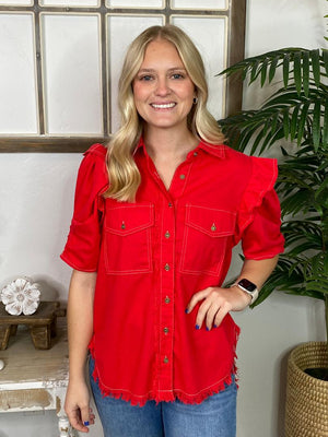 Red or Light Denim Button Up with Ruffles and Raw Hem