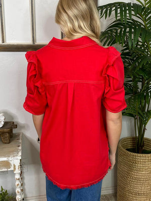 Red or Light Denim Button Up with Ruffles and Raw Hem