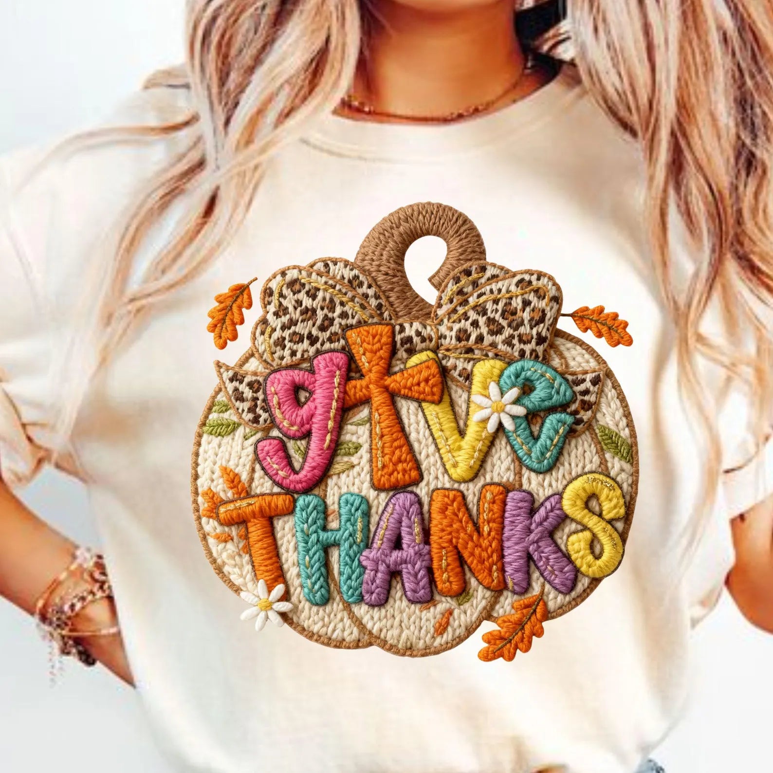 Bright Give Thanks on Pumpkin Knit Look Tee or Sweatshirt