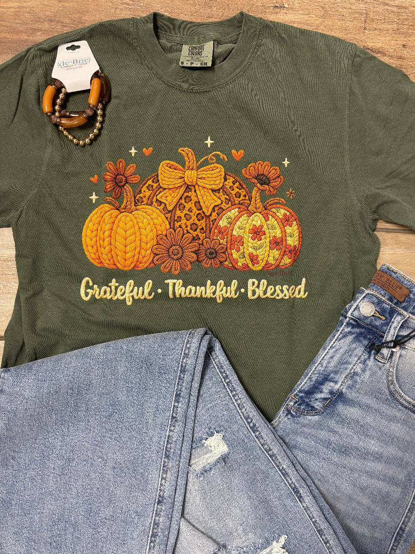 Grateful Thankful Blessed Pumpkins Knit Look Tee or Sweatshirt