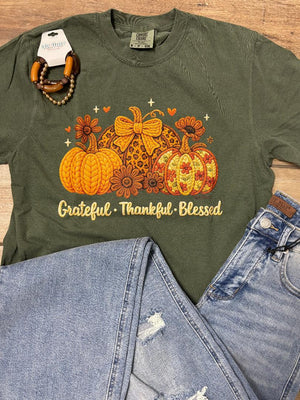 Grateful Thankful Blessed Pumpkins Knit Look Tee or Sweatshirt