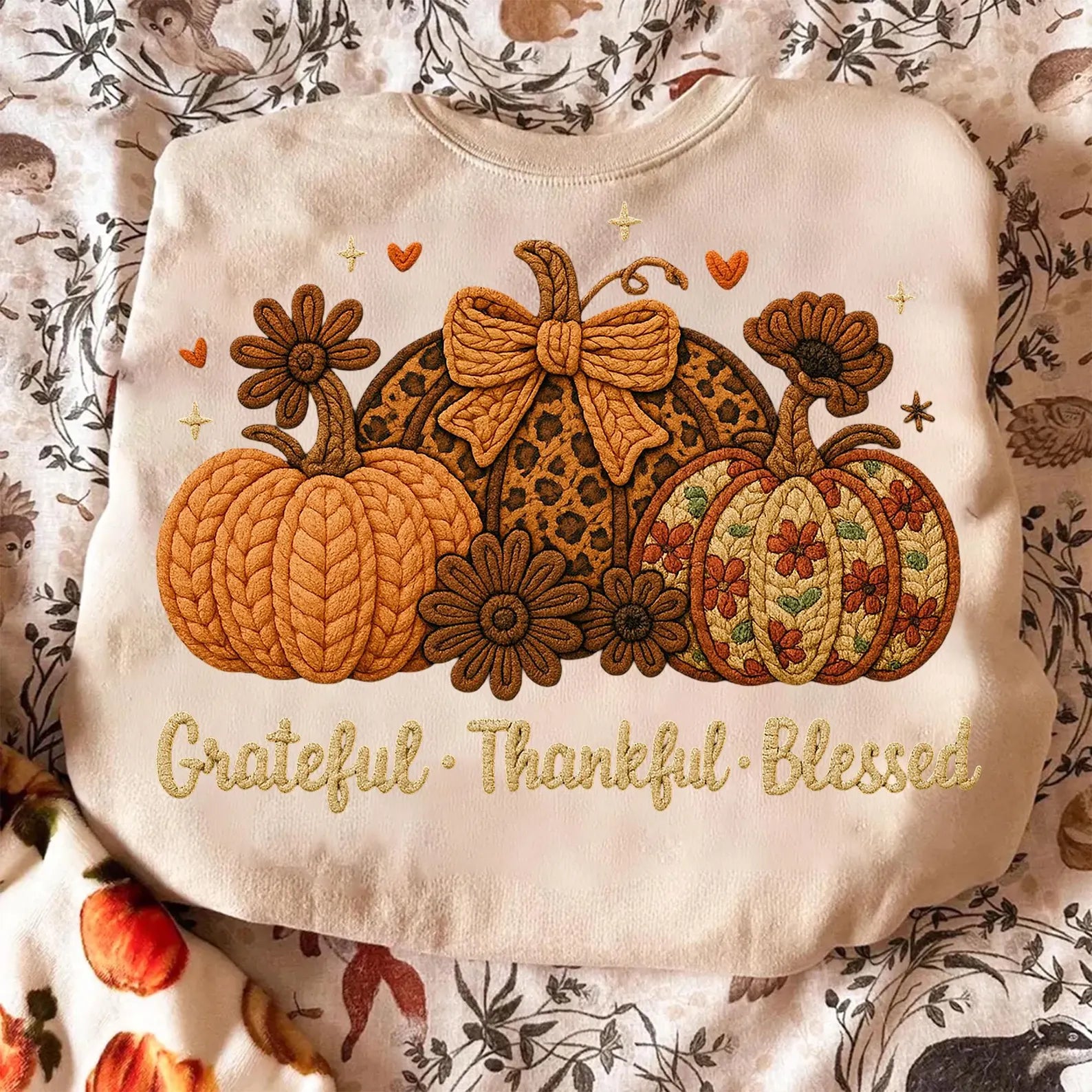 Grateful Thankful Blessed Pumpkins Knit Look Tee or Sweatshirt