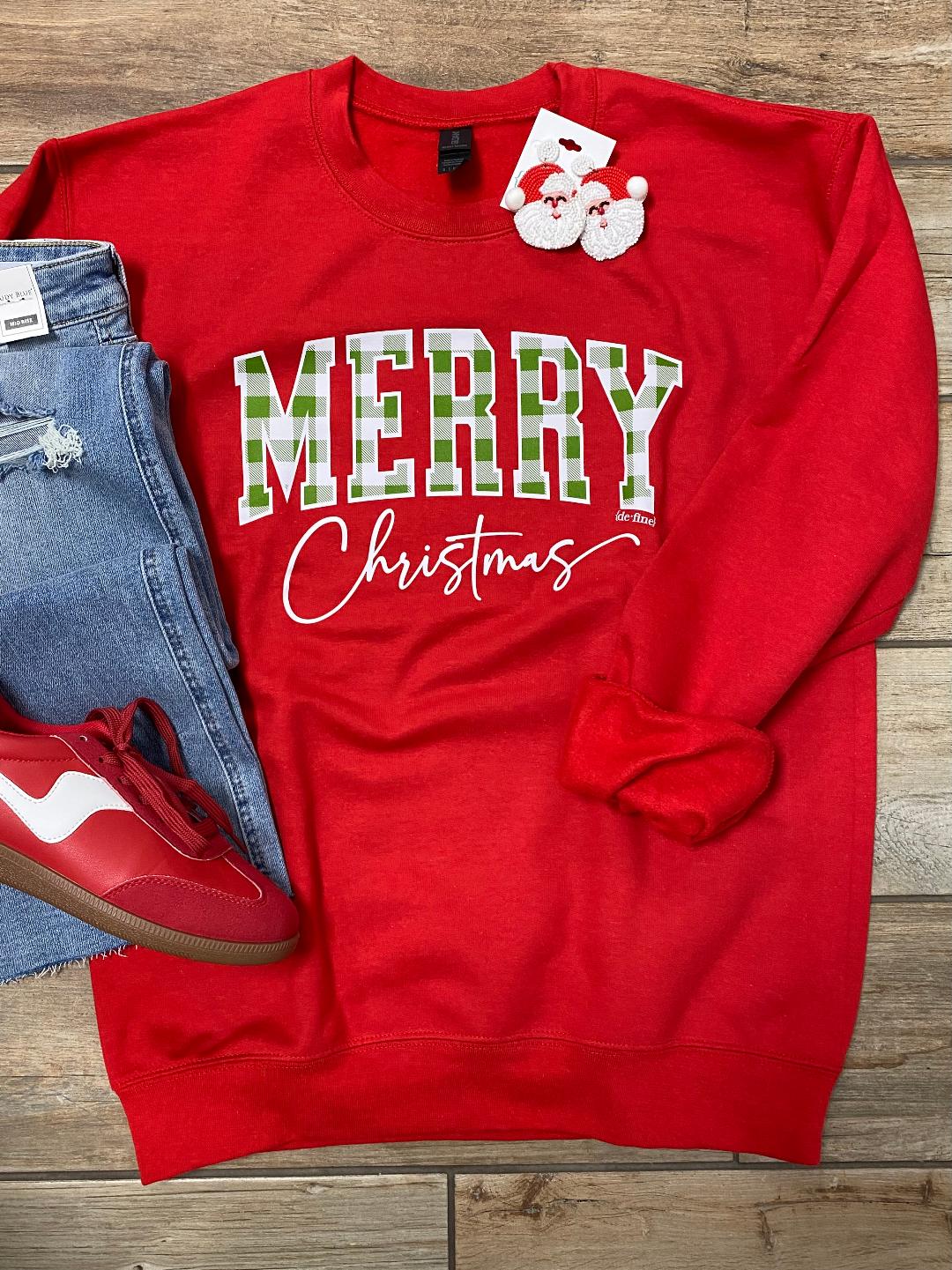Green Plaid Merry Christmas on Red Tee, Long Sleeve or Sweatshirt
