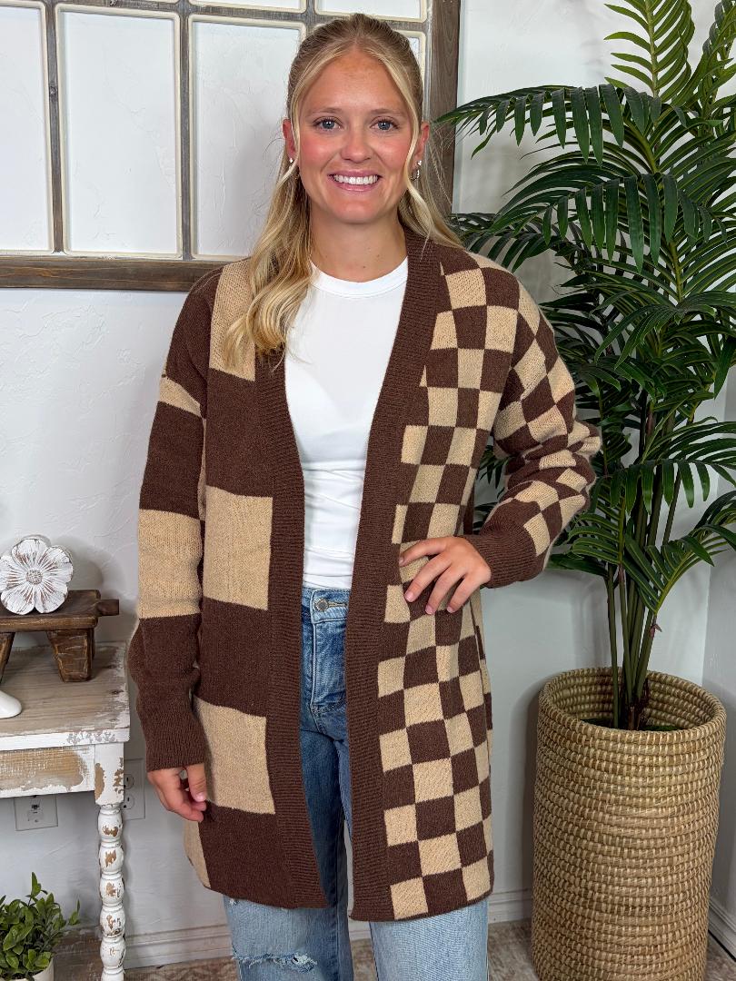 Brown Checker Long Cardigan Regular & Curvy