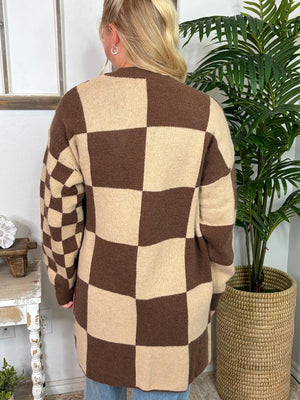 Brown Checker Long Cardigan Regular & Curvy