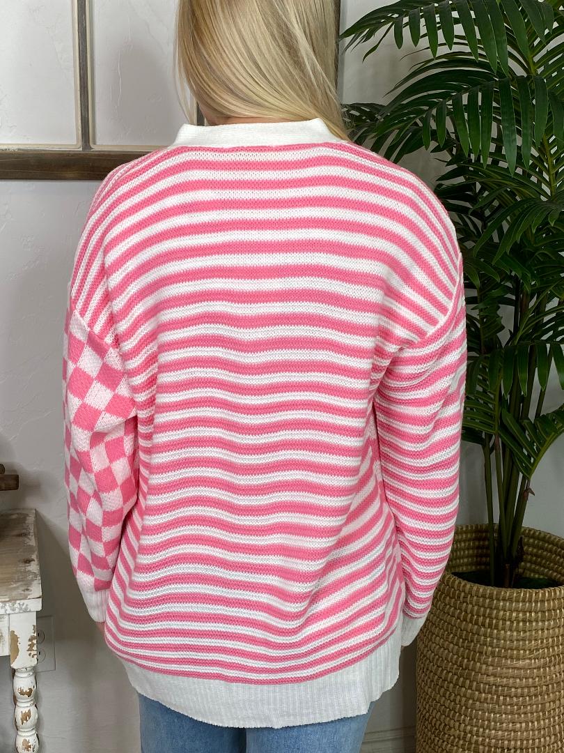 Pink and White Check Cardigan S-3XL